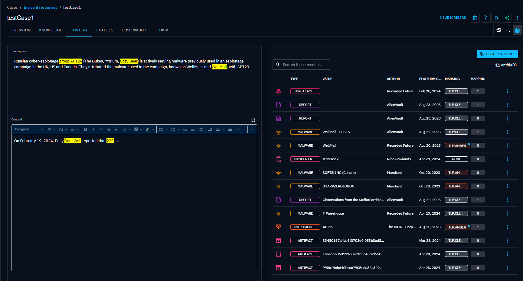 Content mapping view of a Case