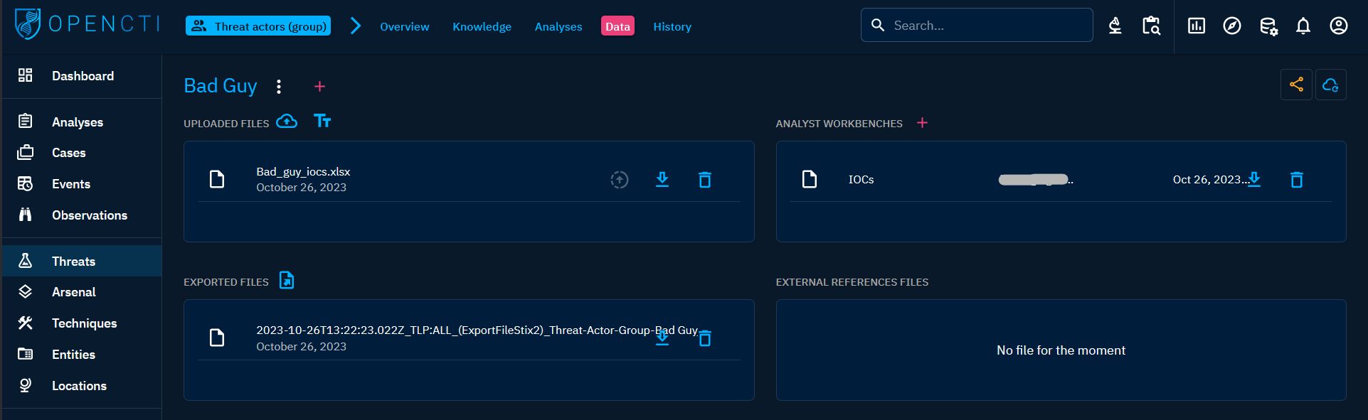 The Data tab of a Threat Actor