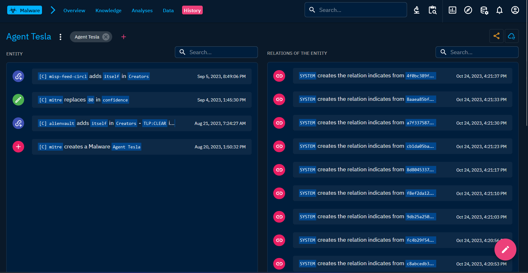History tab of a Malware