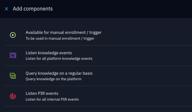 Input component selection panel showing available event sources