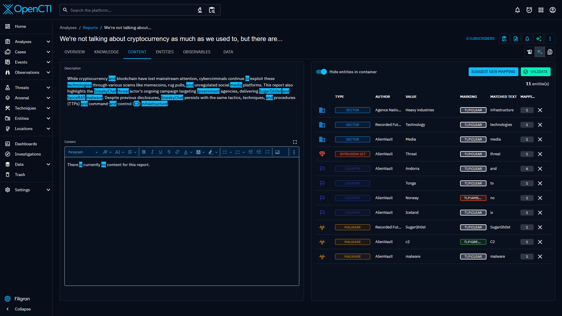 Suggested mapping view of a Report