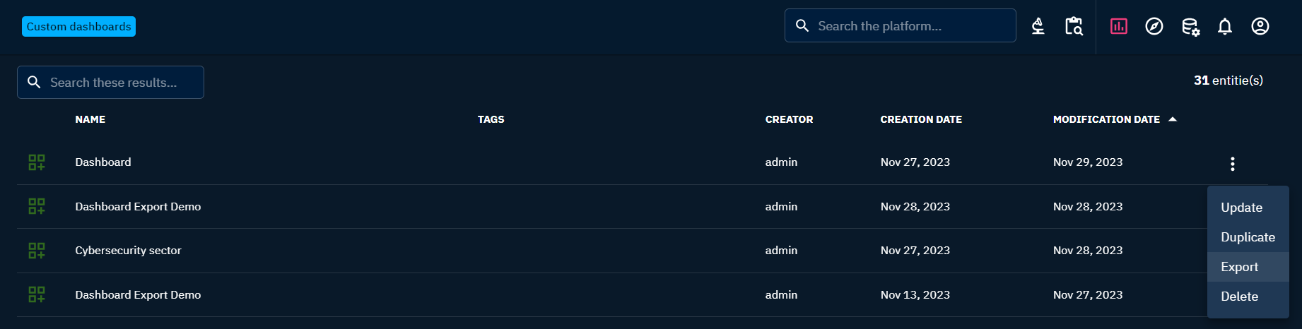 Export dashboard option