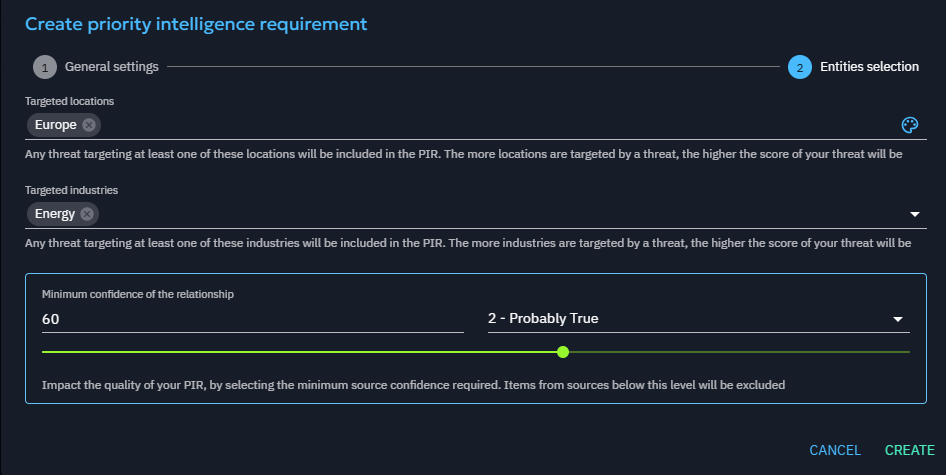 PIR Creation: Entities selection