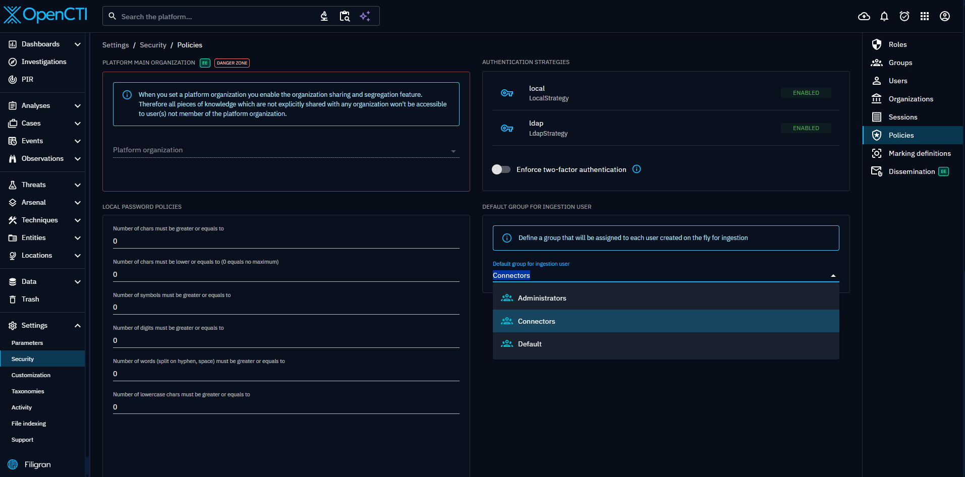 Select default group in settings